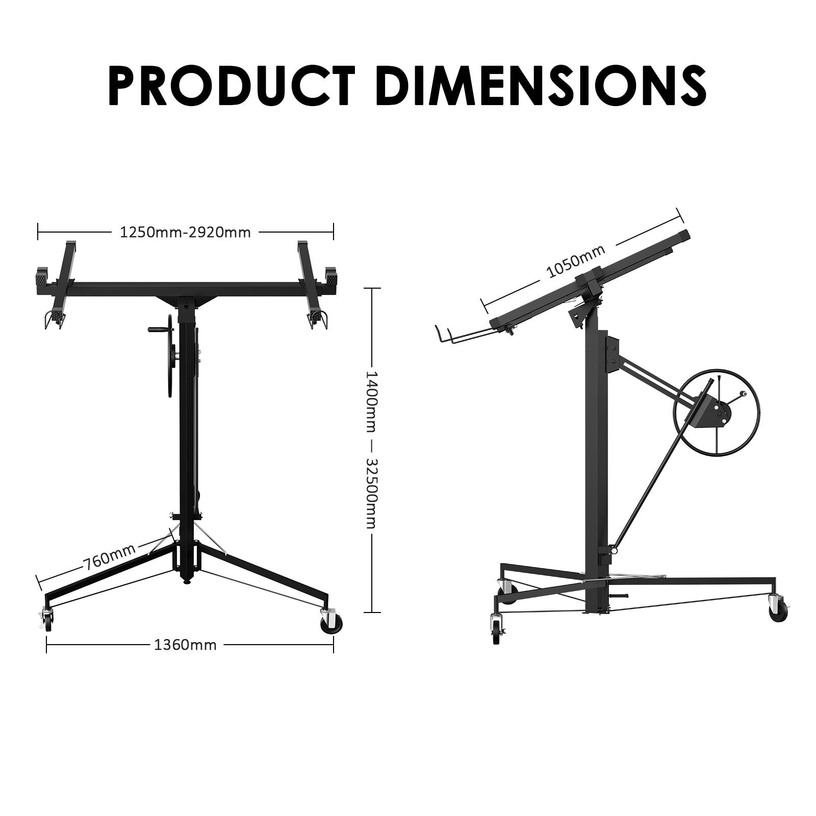 TEENO Grue à plaques de plâtre XXL – Charge maximale 68 kg, hauteur réglable 140–325 cm, couleur noire - 2
