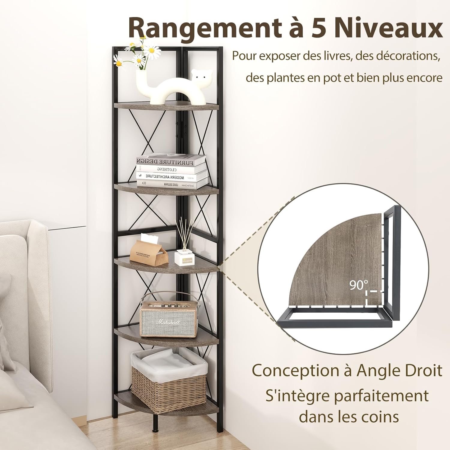 Scaffale Angolare, Libreria Industriale Angolare a 5 Ripiani con Struttura in Metallo, per Soggiorno Ufficio Cucina Spazi Piccoli, 35,5x35,5x1 - 6