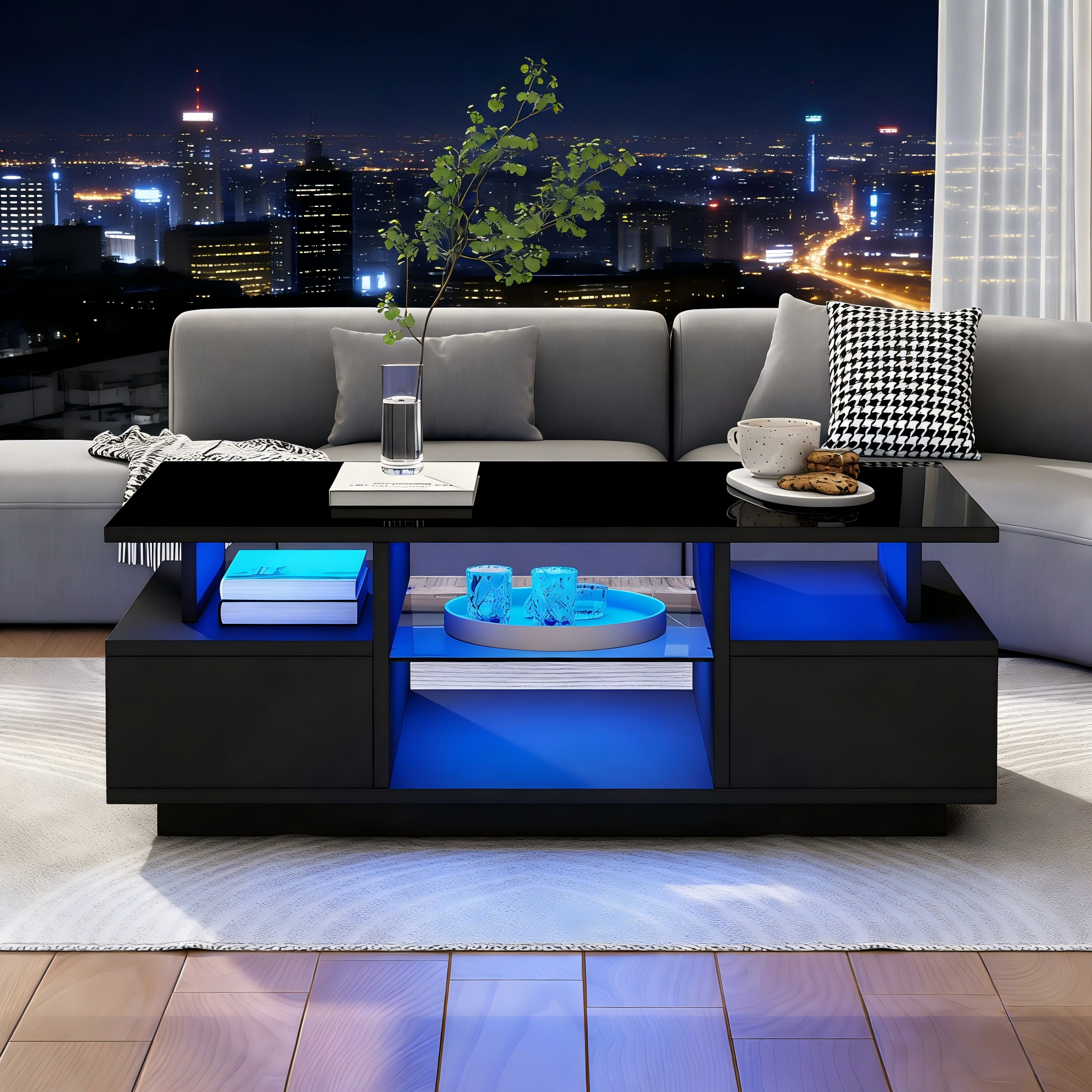 Lakierowany stolik kawowy 100 x 50 x 36 cm - z oświetleniem LED - 2 szuflady i otwarta przestrzeń do przechowywania - płyta wiórowa - czarny