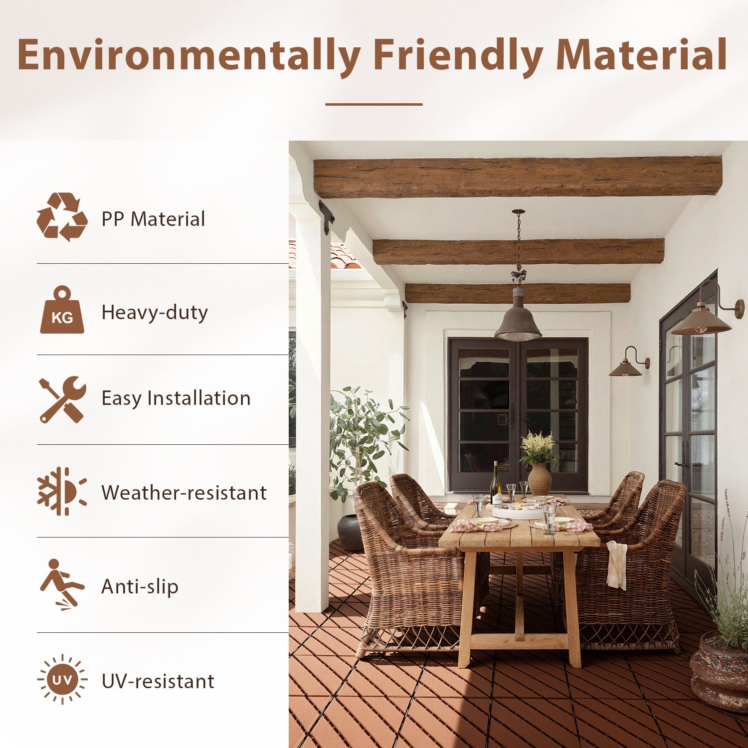 66 pcs（6㎡） Pavés de terrasse en plastique – Pose rapide, auto-drainants, usage extérieur Marron - 3