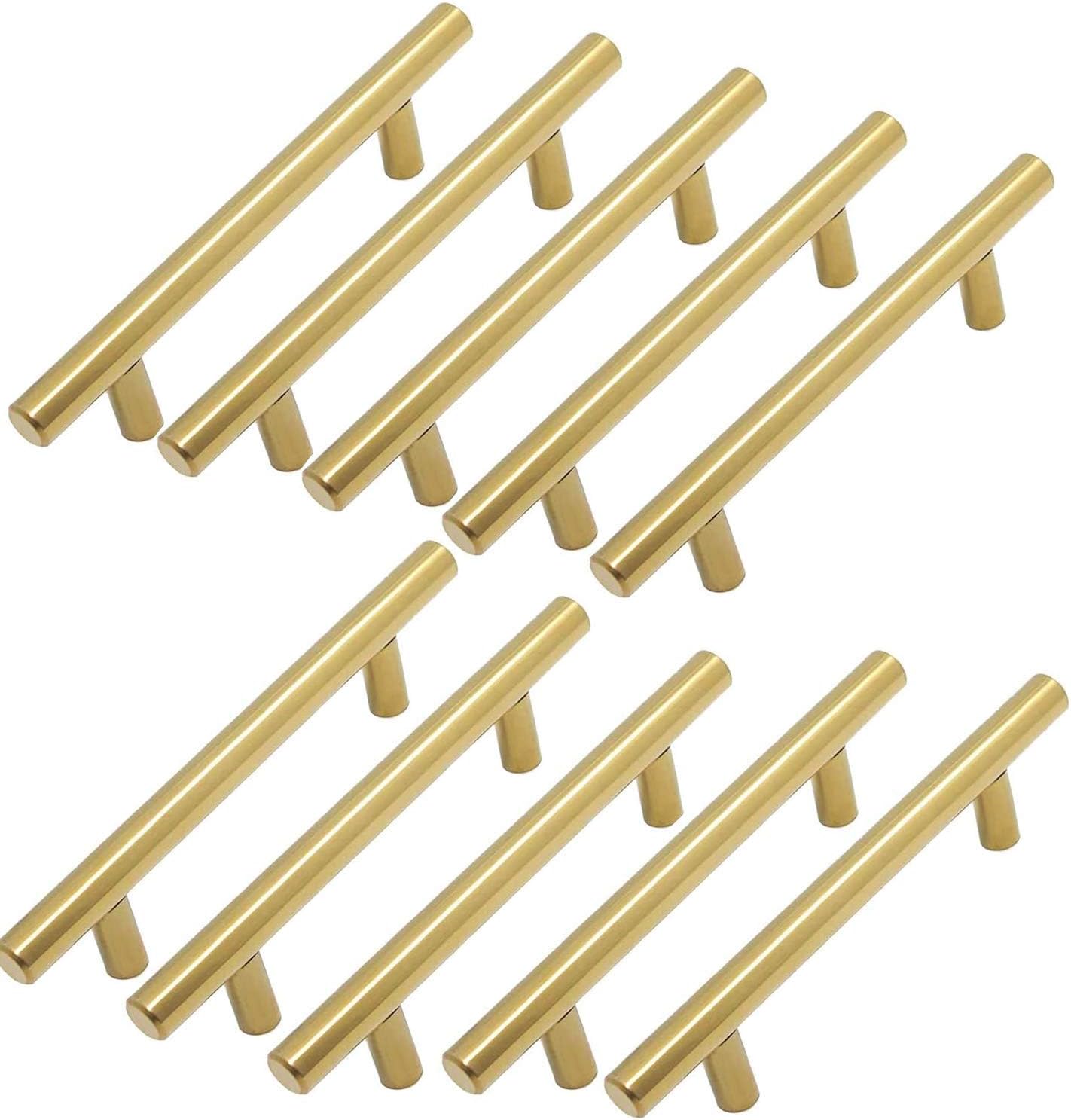 Komplet 10 złotych uchwytów meblowych, złote uchwyty kuchenne, stal nierdzewna, odległość od środka do środka 128 mm