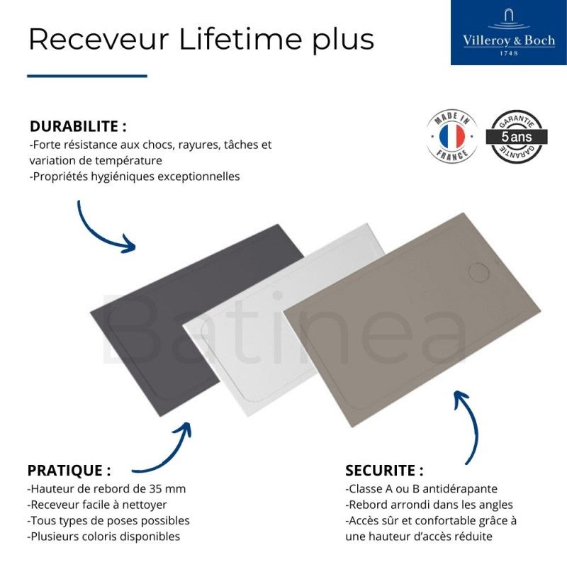 Receveur de douche antidérapant 100 x 80 VILLEROY ET BOCH Lifetime Plus céramique blanc - 2