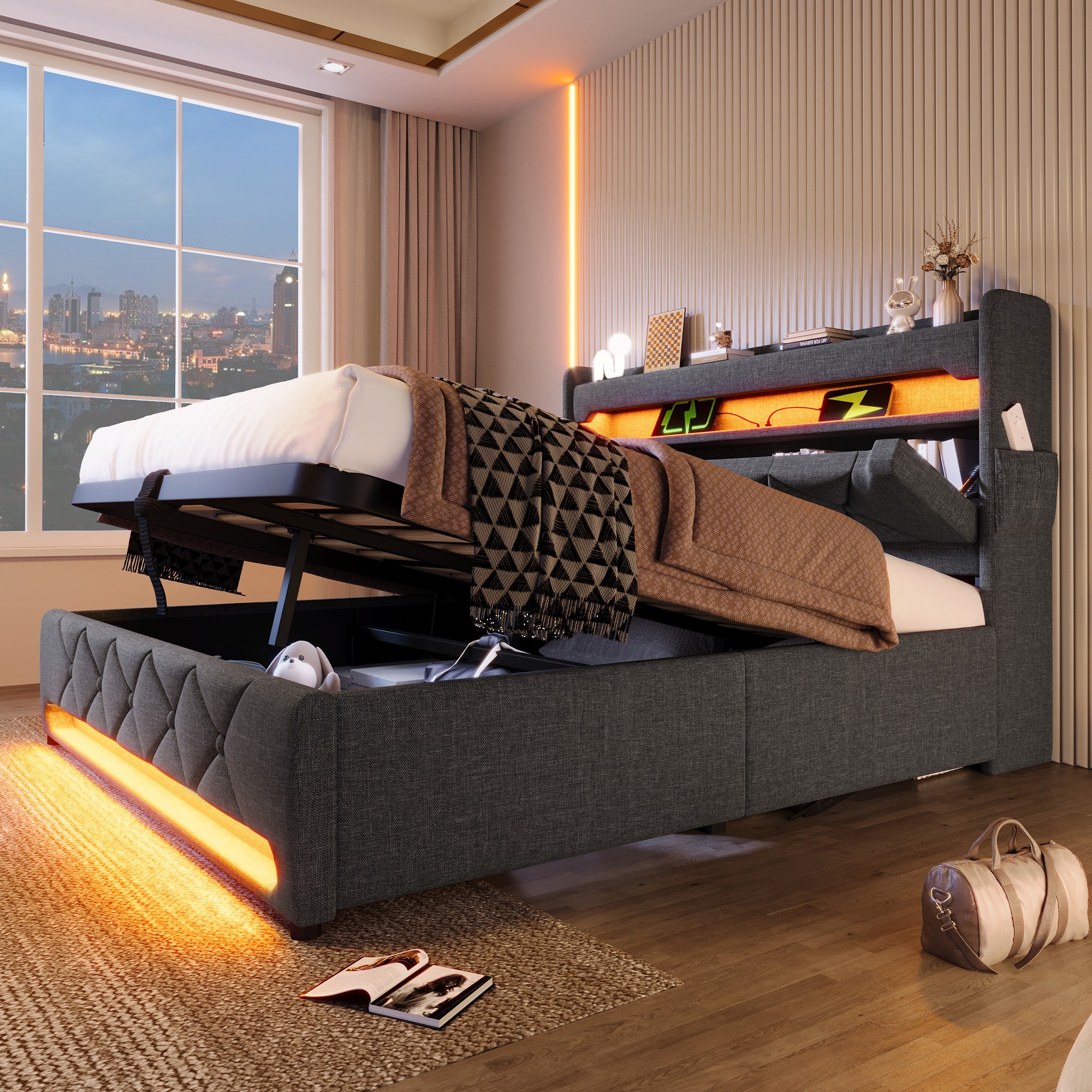 Cama tapizada con almacenamiento 160x200 cm - con LED y puertos USB de carga - tejido de lino - cabecero con espacio de almacenamiento - Gris - 2