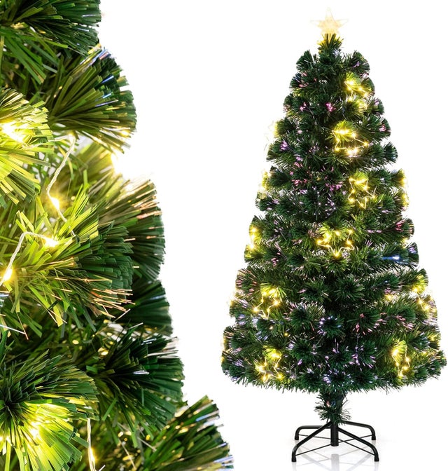 Árbol de Navidad de 150 cm con Fibras Ópticas, Árbol Artificial Preiluminado con 24 Cadenas de Luces, 170 Puntas de Rama (150 cm)