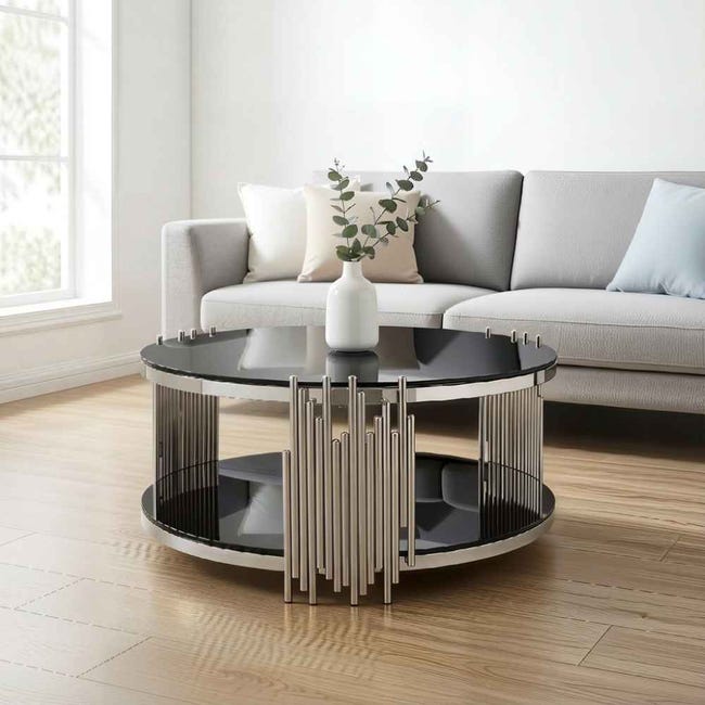 Table basse ronde en verre trempé noir et argenté, double plateau ...