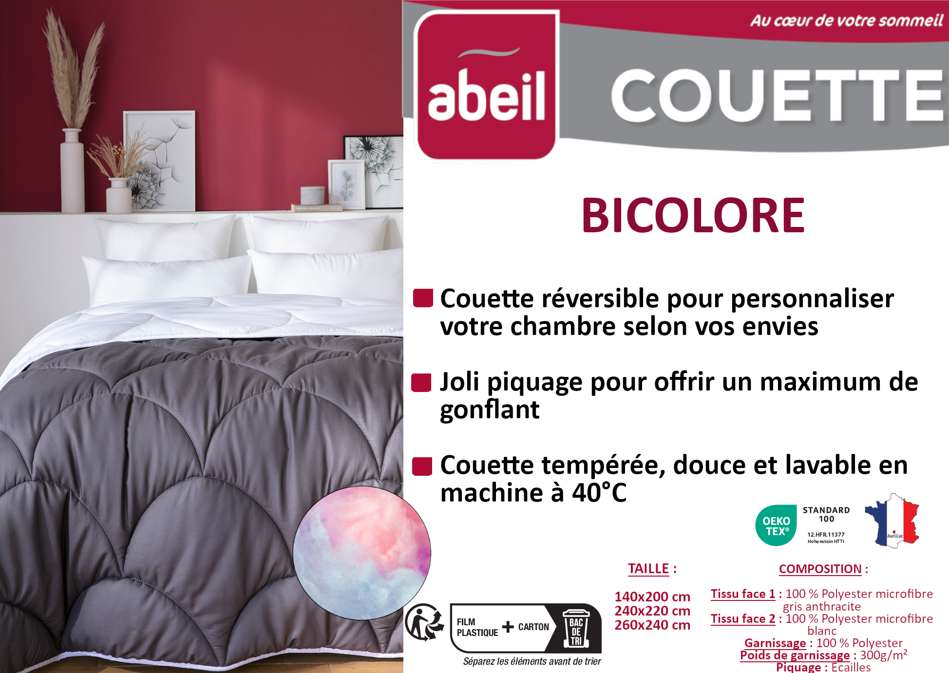 Couette tempérée 220 x 240 cm bicolore polyester gris et blanc - 3