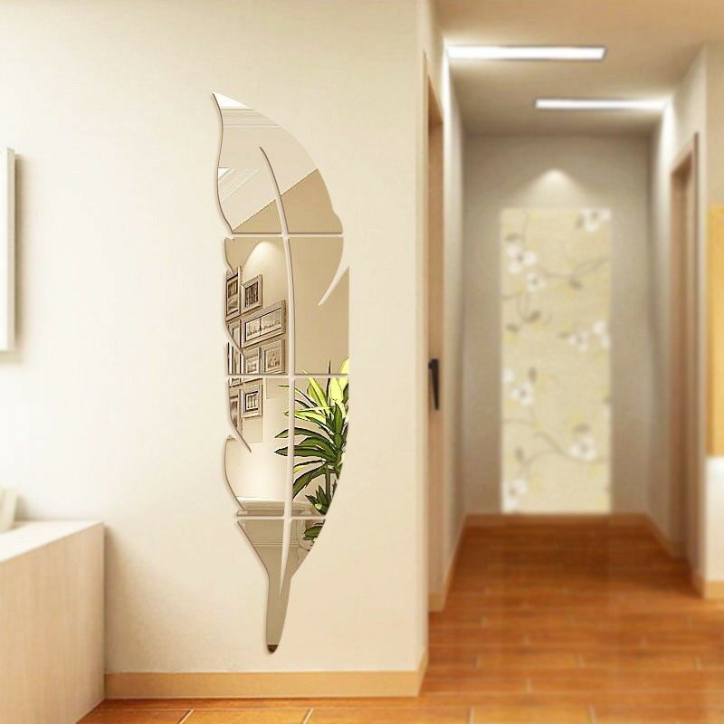 Lustro dekoracyjne 3D, samoprzylepne, w kształcie piórka - Nadaje się do salonu, sypialni, łazienki, domku letniskowego itp. (Srebrne) - 120 x 30 cm