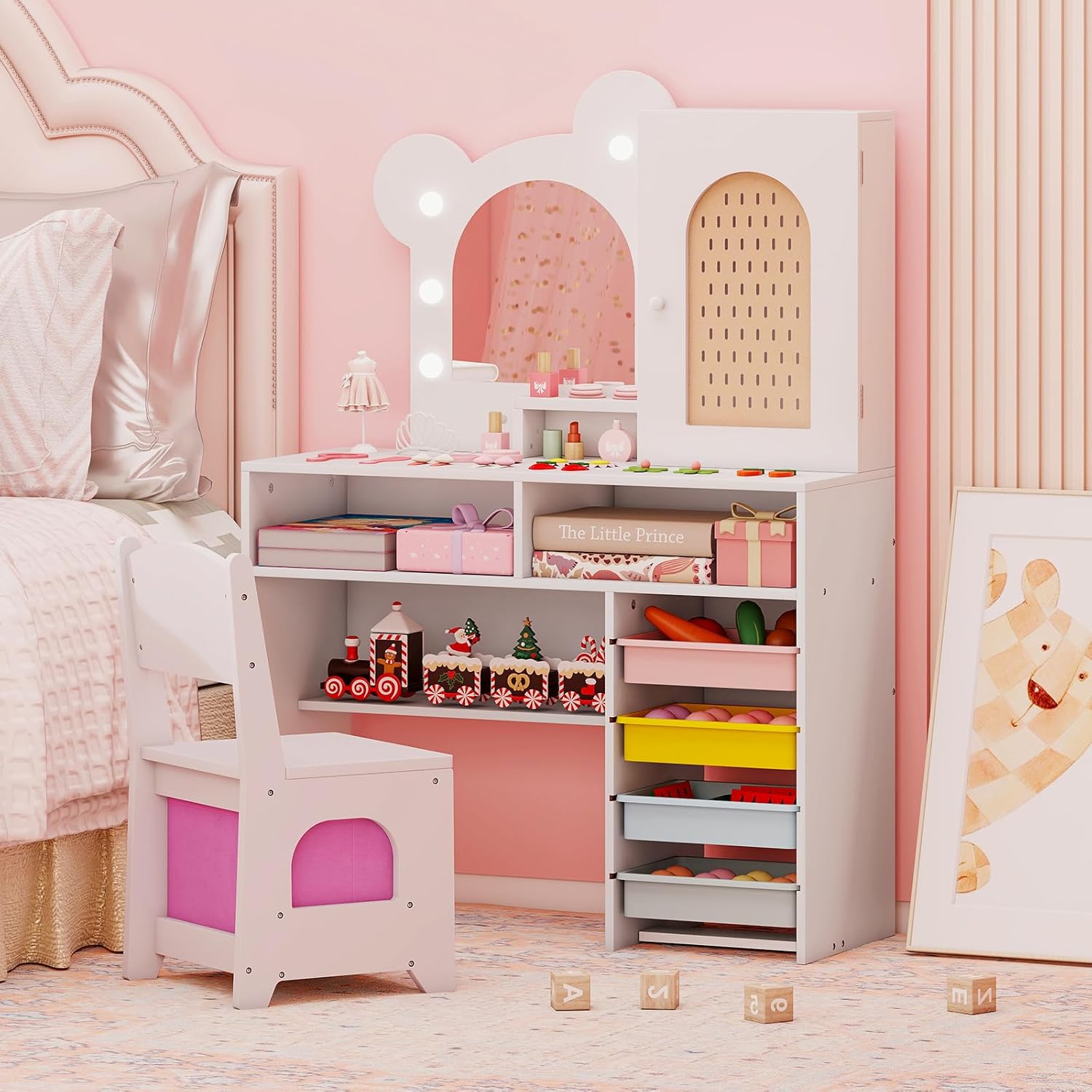 LIFEZEAL Coiffeuse pour Enfants avec Chaise et Miroir LED 2 Couleurs, Table de Maquillage Fille avec Tiroir et Organiseur en Forme d'arbre, Ensemble Bureau Enfant 3-8 Ans, Charge de 30/50 kg (Blanc