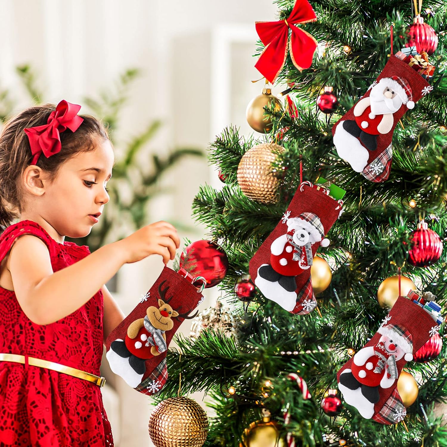 Calcetines navideños, juego de 4 calcetines navideños para colgar en la chimenea, bolsas para dulces, 23 cm. - 5