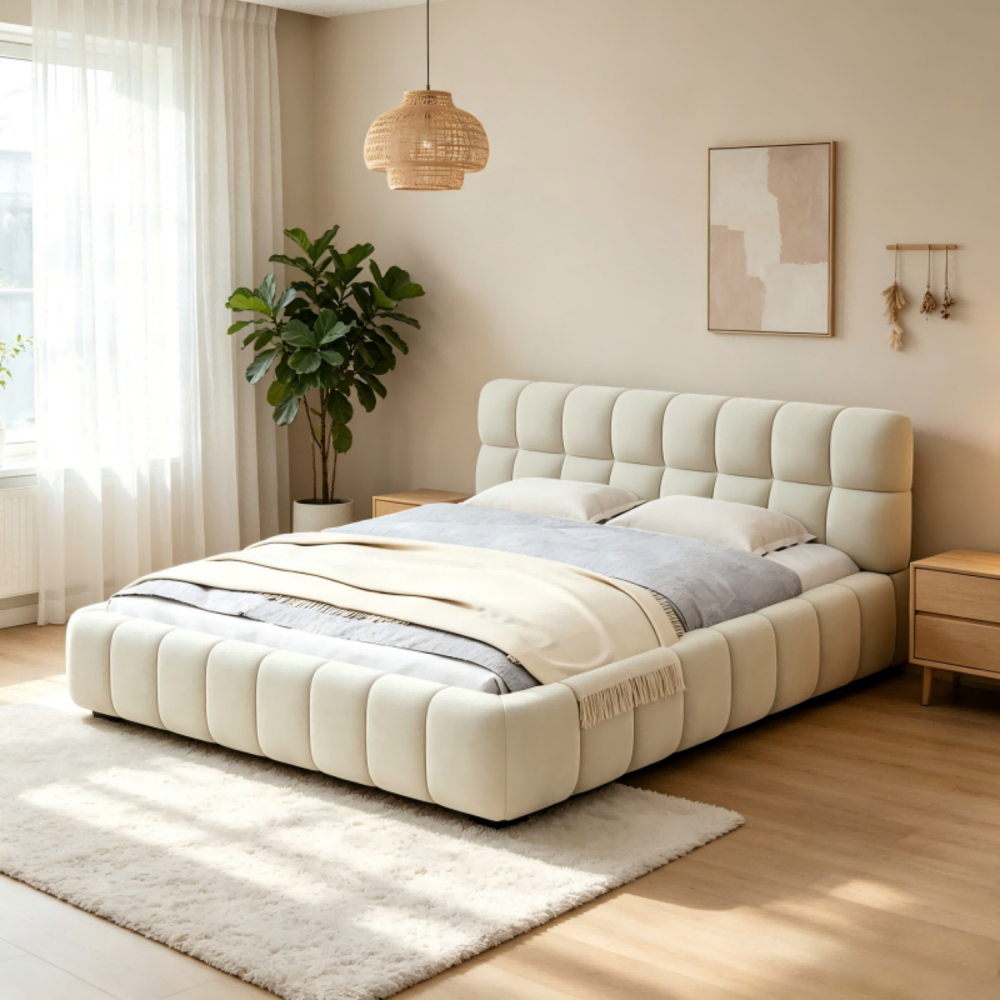 lit bubble 140x190, cadre de lit pour adulte, lit deux personnes, lit double, Lit rembourré 2 places en lin, beige, sans matelas - 4