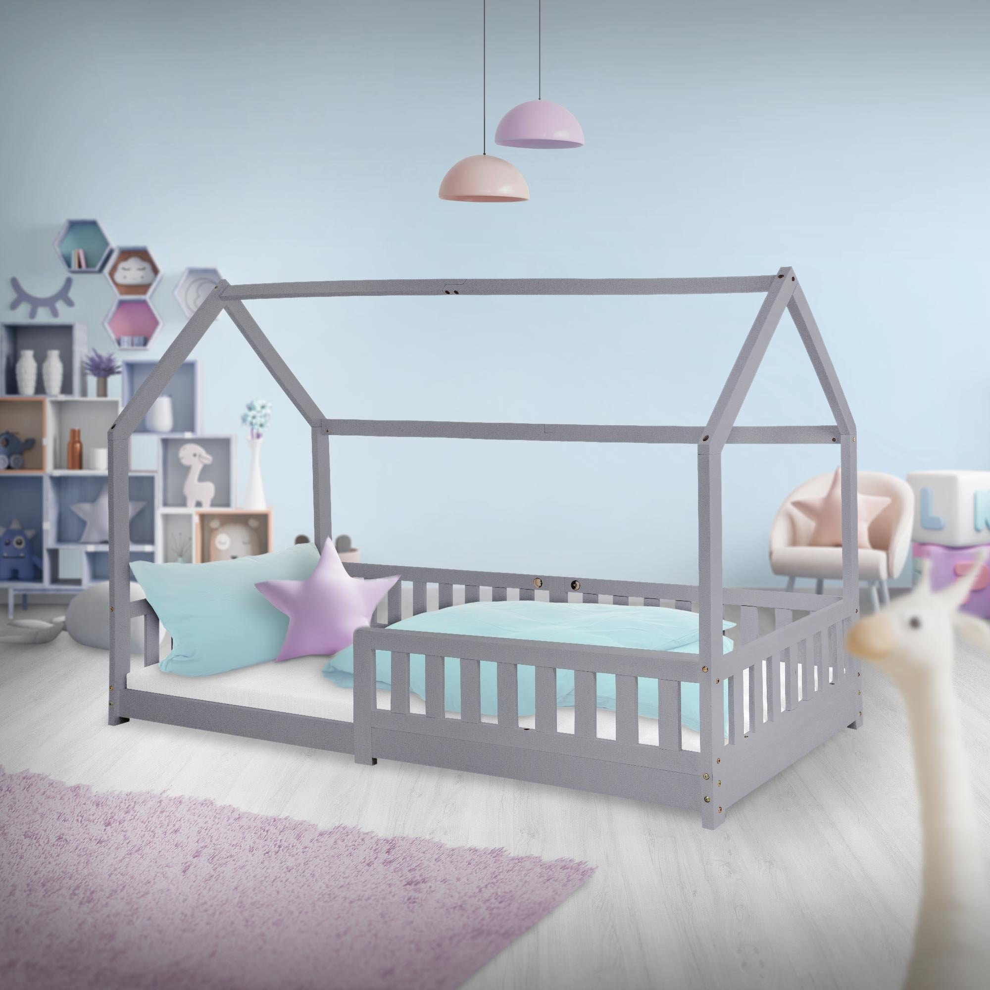 ML-Design łóżko domek z dachem 90x200 cm jasnoszare z materacem barierką stelażem z listew z litego drewna sosnowego dla dzieci dziewczynek i chłopców