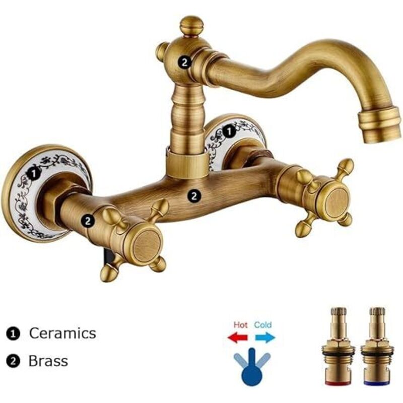 Bateria kuchenna montowana na ścianie, bateria umywalkowa w stylu vintage z mosiężną ciepłą i zimną wodą, ceramiczna bateria do zlewu w stylu vintage