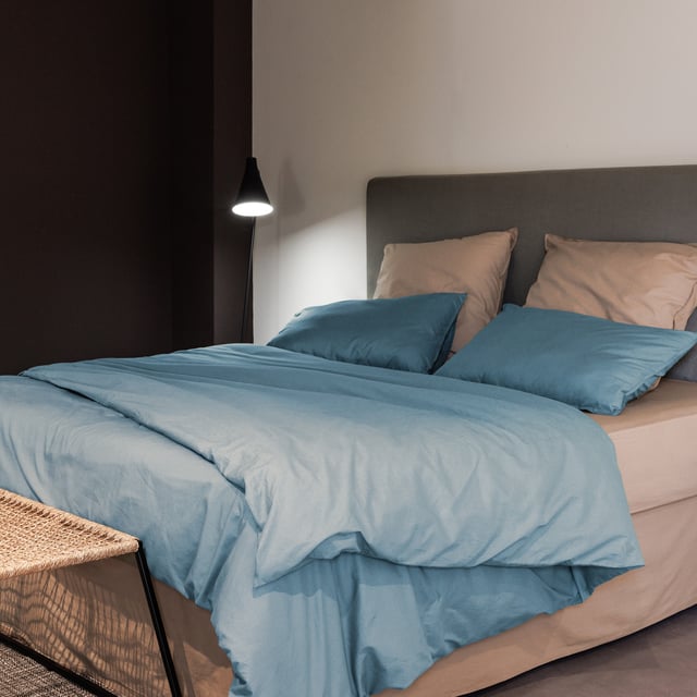 Parure de lit 140x200 cm et 50x70 cm coton lavé PALACE bleu topaze 2 pièces