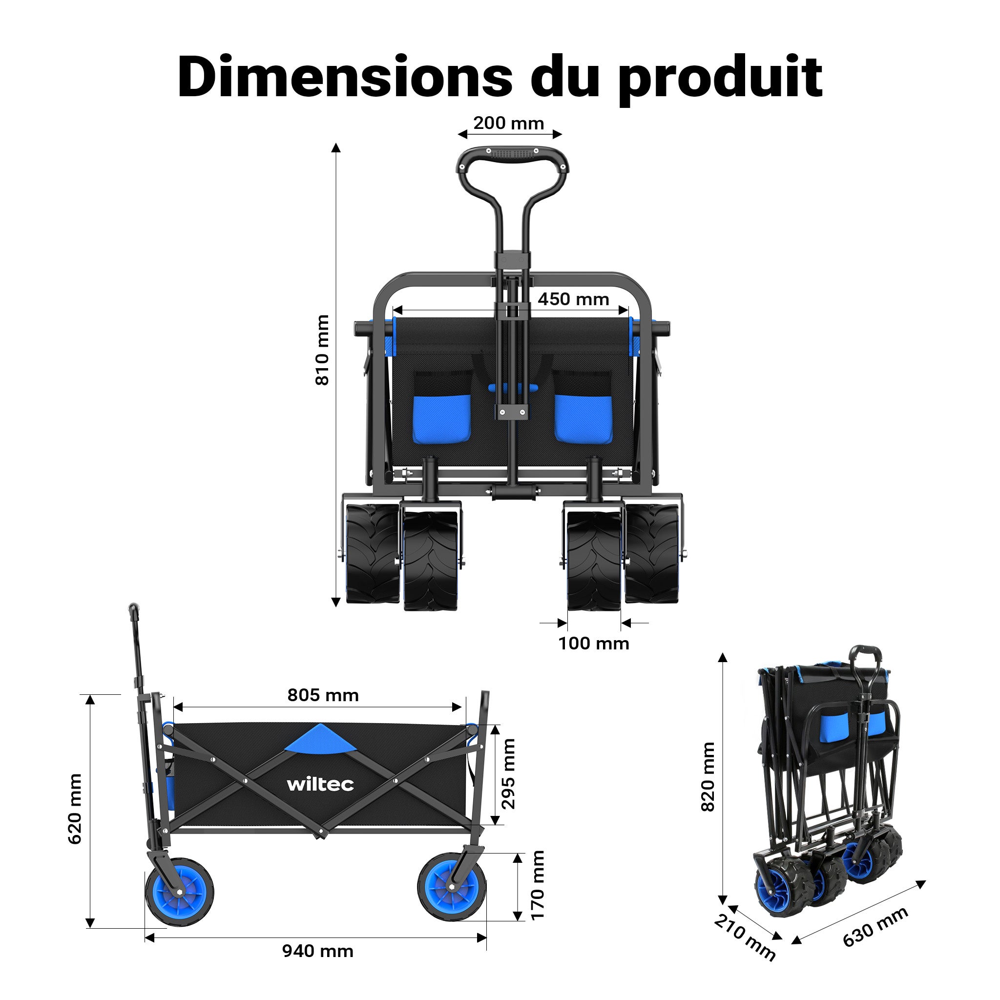 Chariot Enfants de transport pliable – 940 x 630 x 810 mm – capacité de charge 100 kg – avec Larges roues et Poignées – Diable Tout terrain… Wiltec... - 3