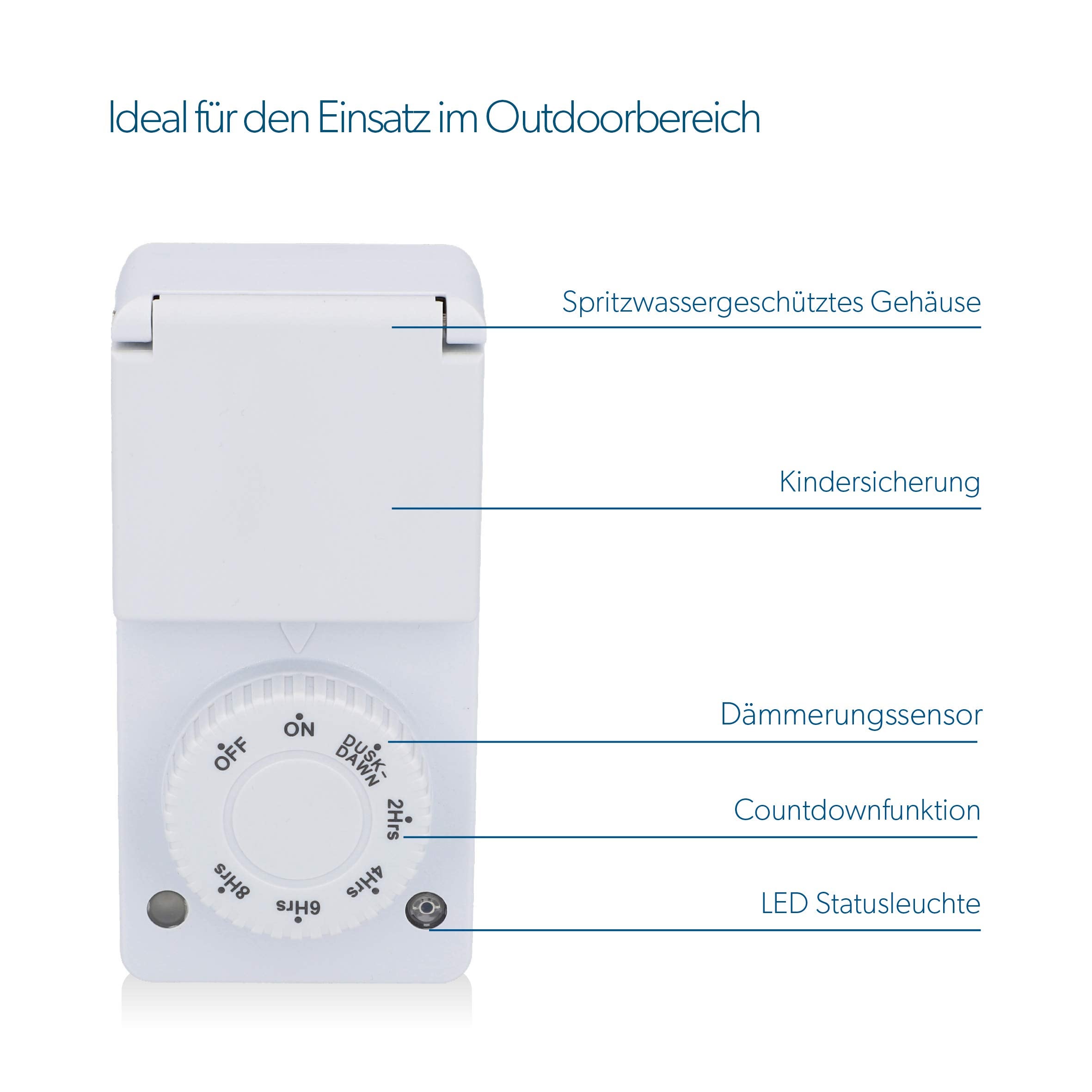 UNITEC Timer con funzione conto alla rovescia per esterni IP 44, analogico, sicurezza bambini, funzione crepuscolare, bianco - 3