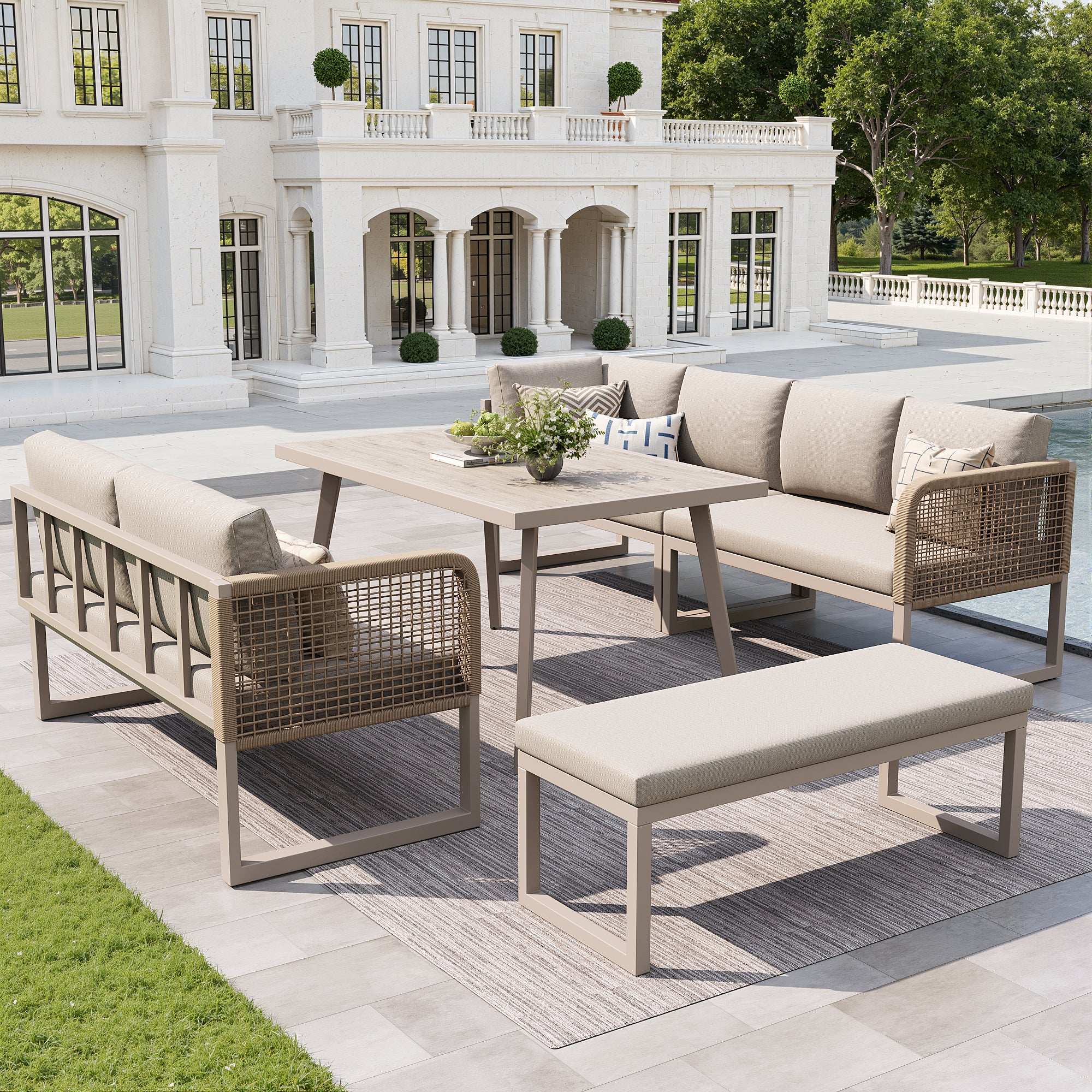 Salon de Jardin d'extérieur 6-8 places,Avec coussin d'assise et dossier,Rotin PE tissé à la main,Canapé de jardin résistants aux intempéries,Beige - 2