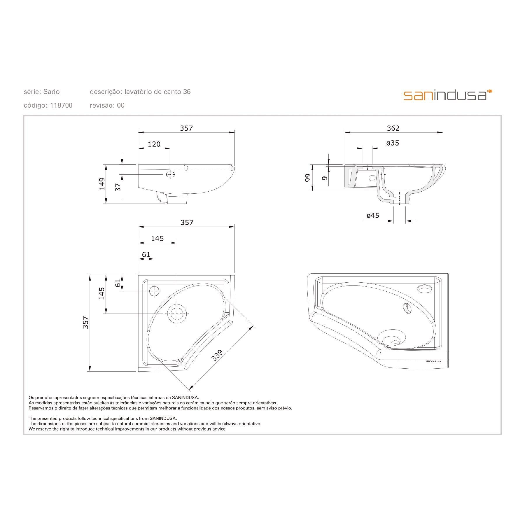 Lave mains d'angle mural céramique traditionnelle SANINDUSA 36x36 Sado blanc (robinet non inclus) - 4
