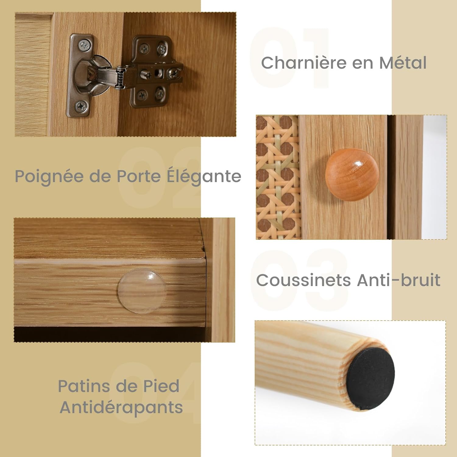 Table de Chevet 40 x 39 x 70 cm, Table de Nuit avec Etagère Ouverte et Porte Décorée de Cannage en Rotin PE, Pieds en Bois Massif (Naturel, 1) - 5