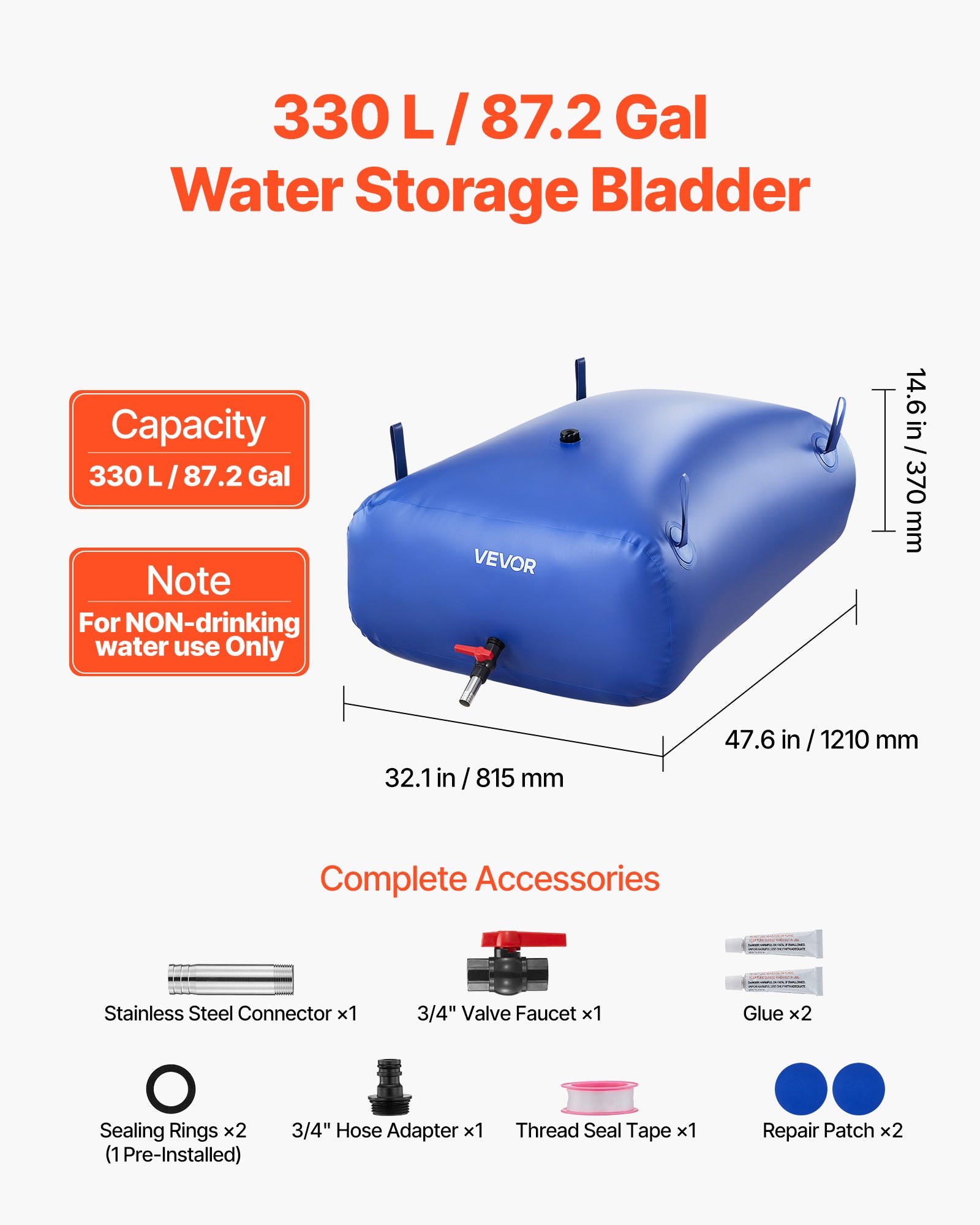 VEVOR Vessie à Eau 330 L – PVC 1000D Pliable Et Costaud Pour Camping, Jardin Ou Urgence