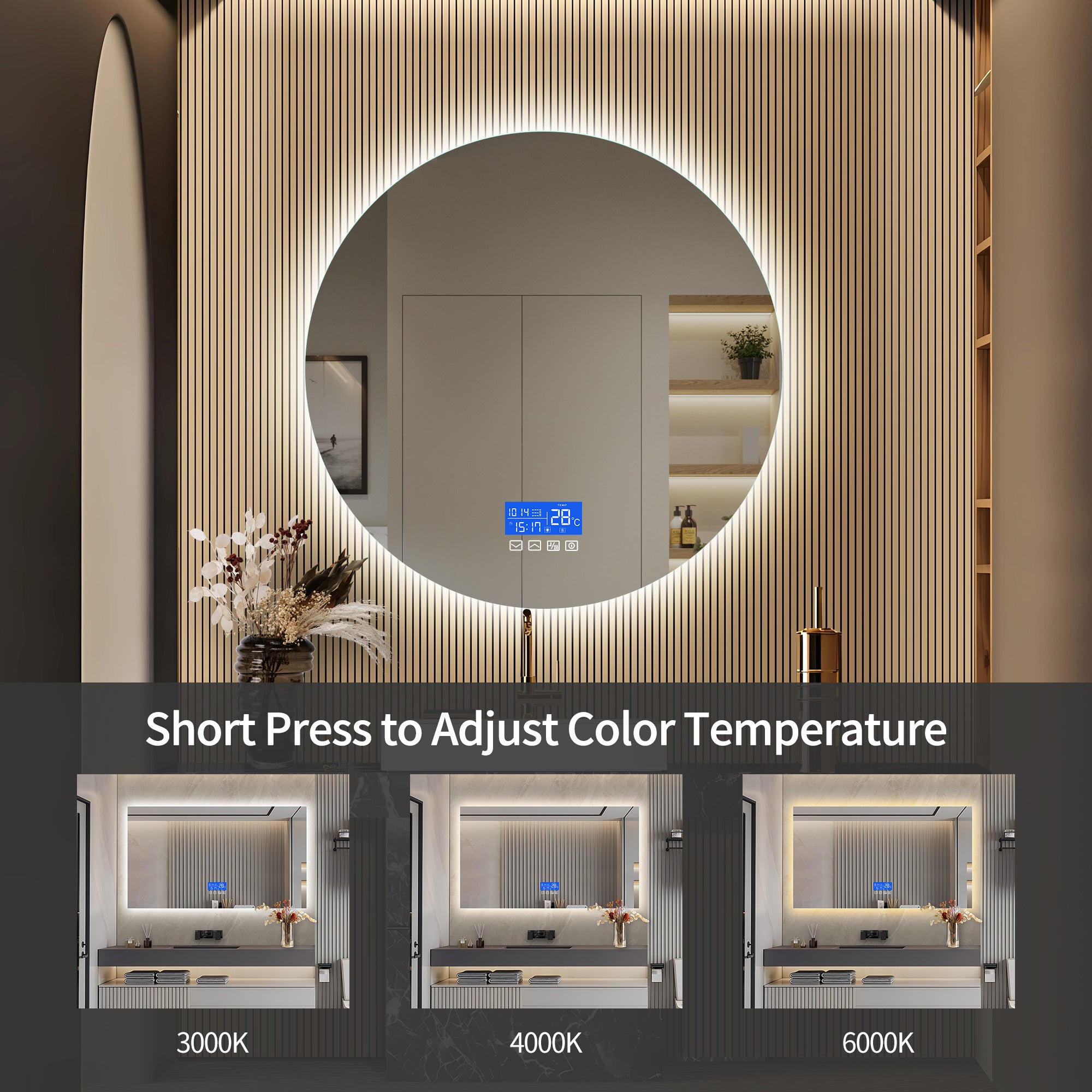HOMCOM Specchio Rotondo Con Luci LED 60 Cm – Anti-appannamento, Touch Con Timer E Display Temperatura – 3 Colori Chiari (Caldo, Naturale, Freddo) – IP44 Per Bagno E Camera - 6