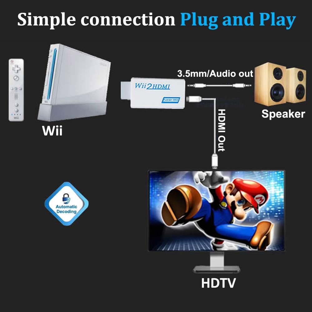 Adaptateur Wii vers HDMI, convertisseur Wii vers HDMI 720P/1080P avec câble HDMI avec port HDMI et prise 3,5 mm – Prend en charge tous les modes - 2