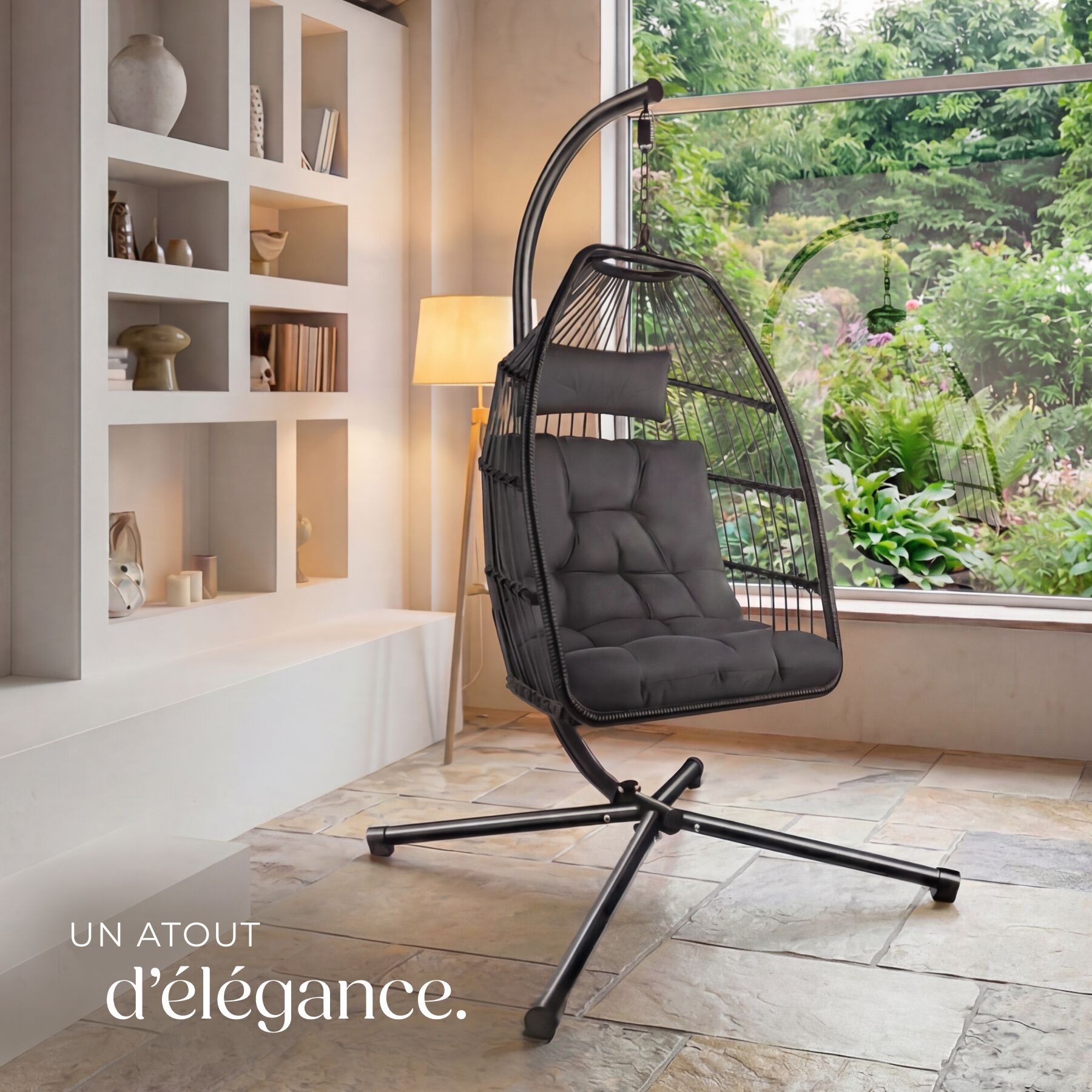 Fauteuil suspendu en acier, pliable, pivotant, coussin épais amovible, gris foncé TECTAKE - 9