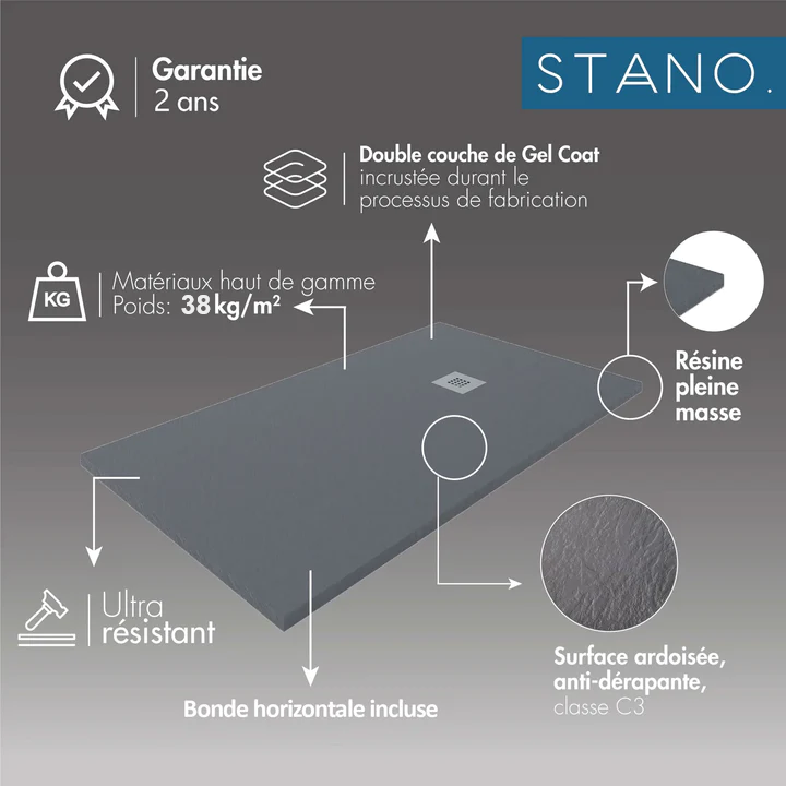Receveur de douche 70 x 150 cm extra plat PURE en résine surface ardoisée noir Grille inox - 10