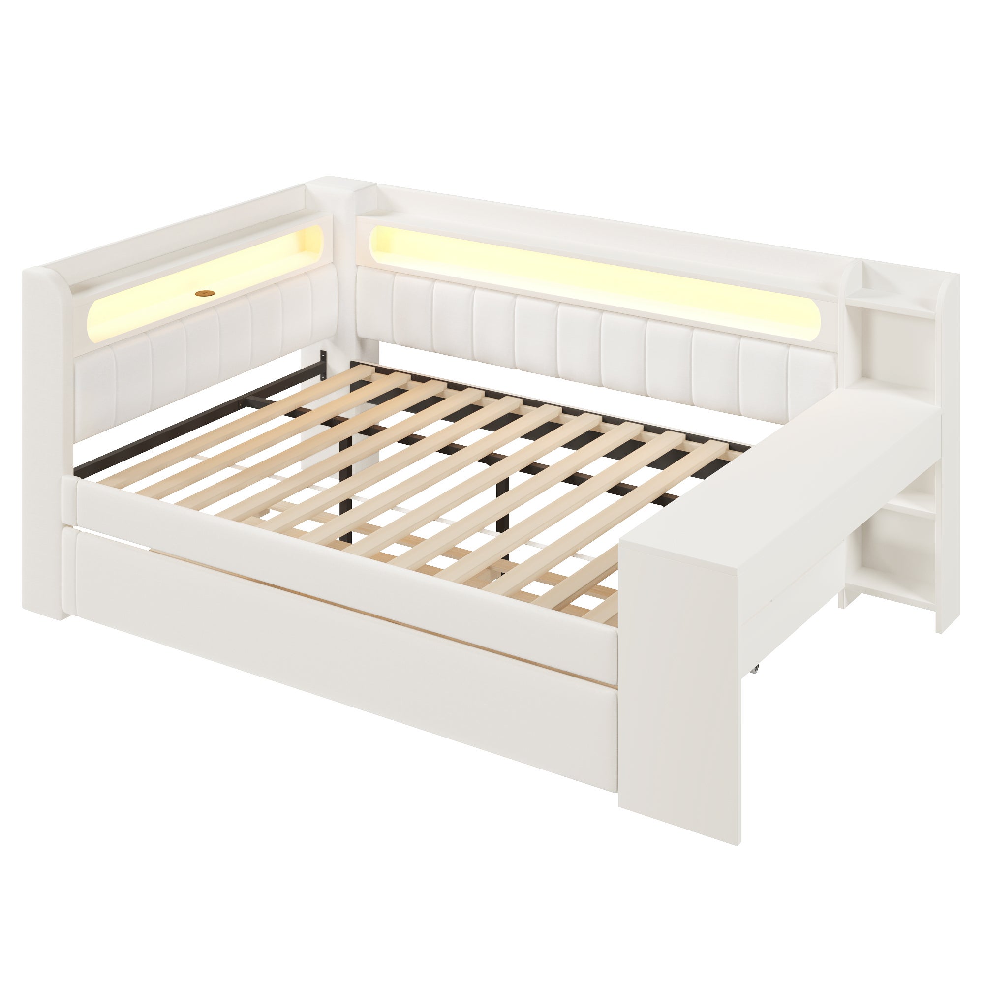 Tapicerowana sofa rozkładana 140x200 cm - z portami USB i LED - z wysuwanym łóżkiem i biurkiem - biała (materac nie jest wliczony w cenę) - 3