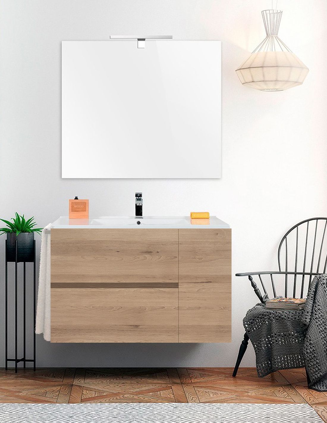 Meuble Sous Vasque Suspendu Dmora 80 Cm - 2 Tiroirs, Couleur Ciment, Avec Miroir Mural Assorti - Salle De Bain