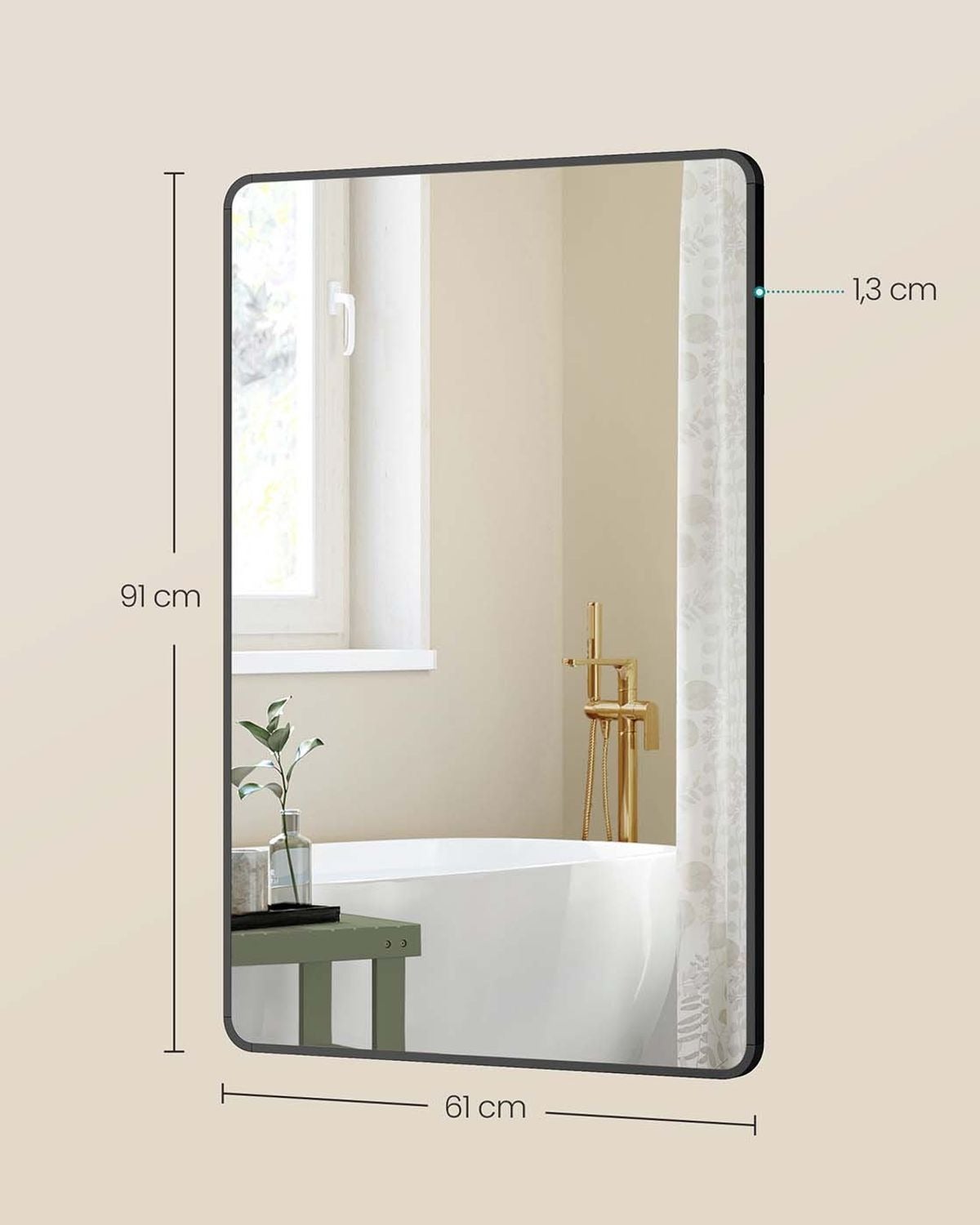 Espejo de pared, rectangular, 91 x 61 cm, con marco de aluminio, negro - 2