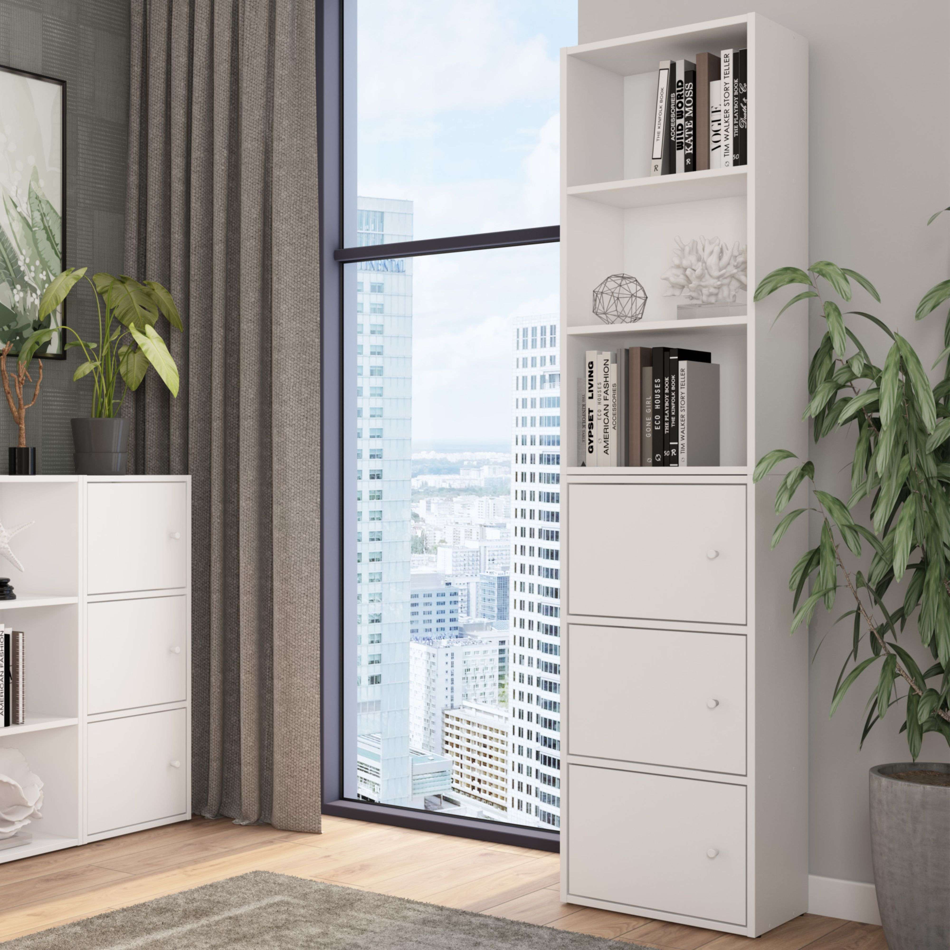 Estantería Salón Plea, Mueble Organizador Comedor Blanco mate 1 armario 3 puertas y 1 estantería 3 niveles de estantes Melamina 42x184x29 cm - 4