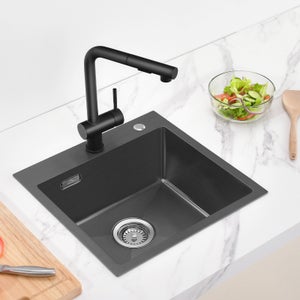 AuraLum Max Évier Cuisine 1 Bac en Acier Inoxydable Noir 45x45CM Évier Encastré et à Poser Évier avec Trou de Montage pour Robinet,EU Modèle