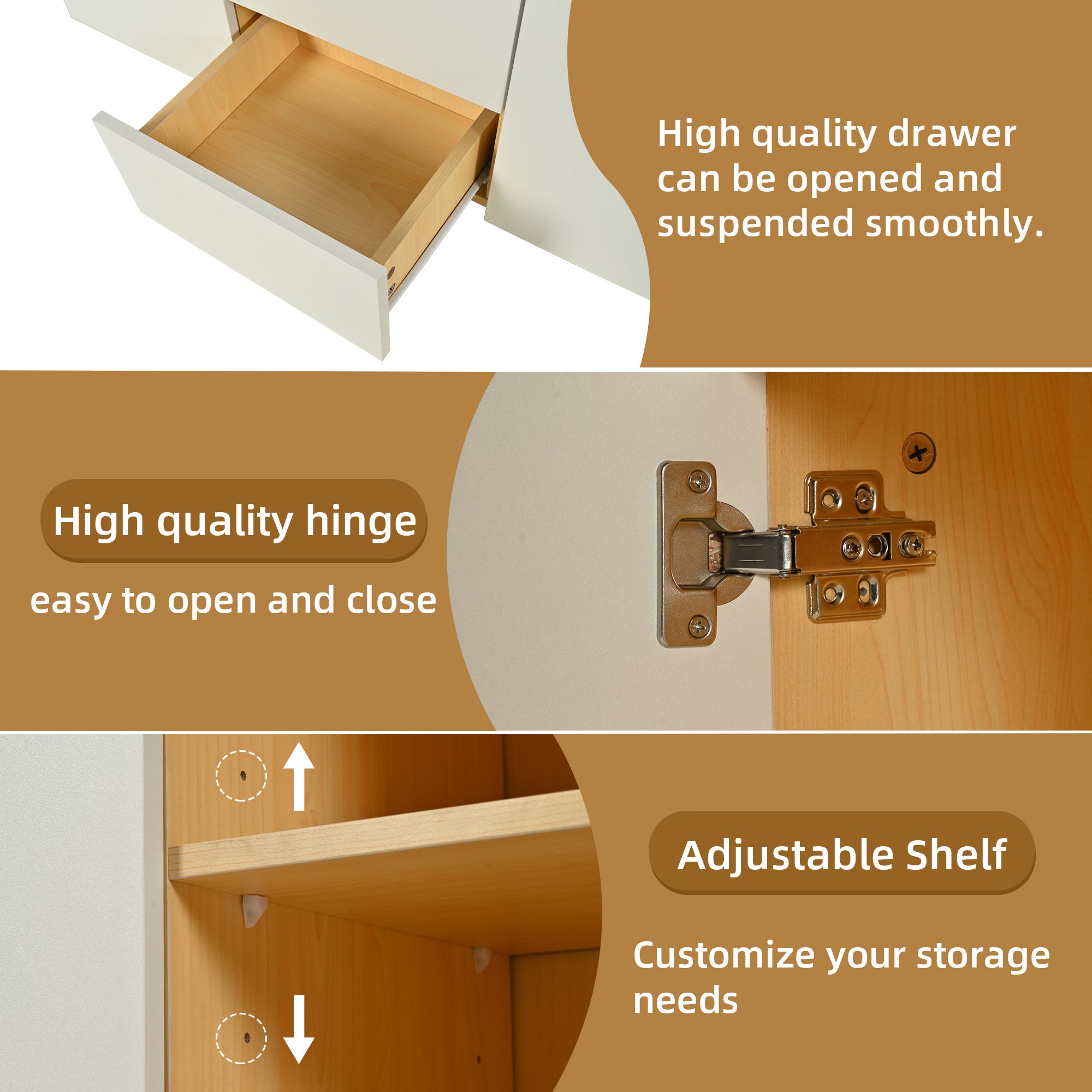 Credenza con illuminazione a LED - 2 ante, 3 cassetti, 2 nicchie - Naturale e Bianco - 8