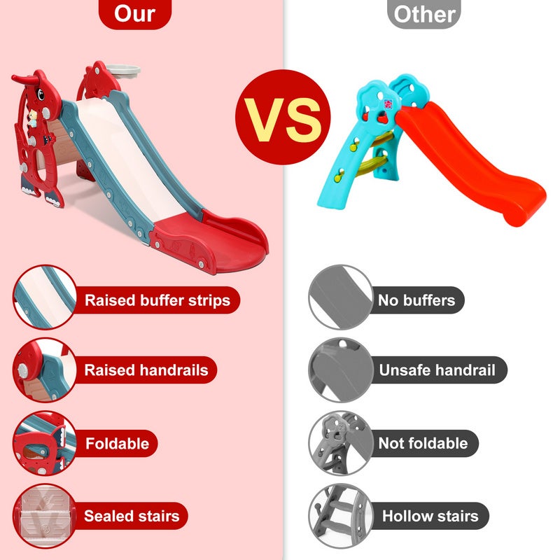 Toboggan pour enfants 4 en 1 Aire de jeux pliable avec panier de basket Anneau de lancer Apprentissage de l'anglais rouge - 4