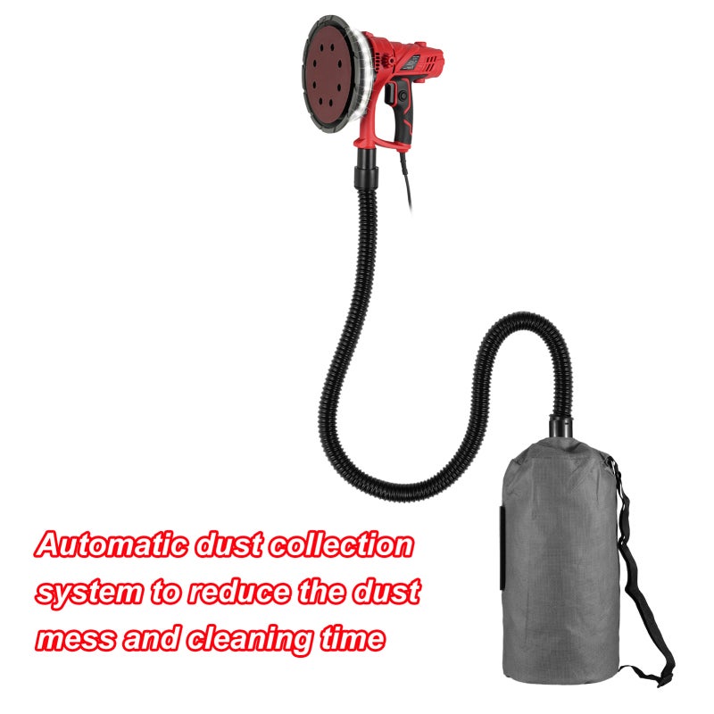 Ponceuse à plâtre portative 850 W, 12 disques de ponçage, vitesse variable 1500-2600 tr/min, aspiration automatique, tuyau lumineux, récupération. - 8