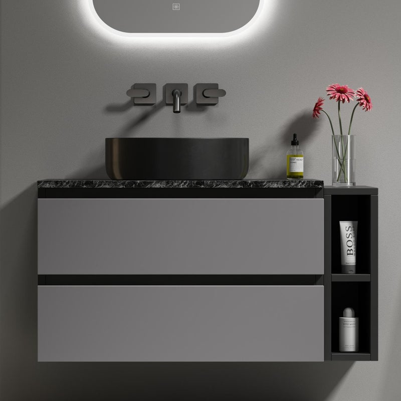 Szafka łazienkowa wisząca o szerokości 80 cm z ceramiczną umywalką, pojemnymi szufladami, marmurowym blatem i nowoczesnym wzornictwem