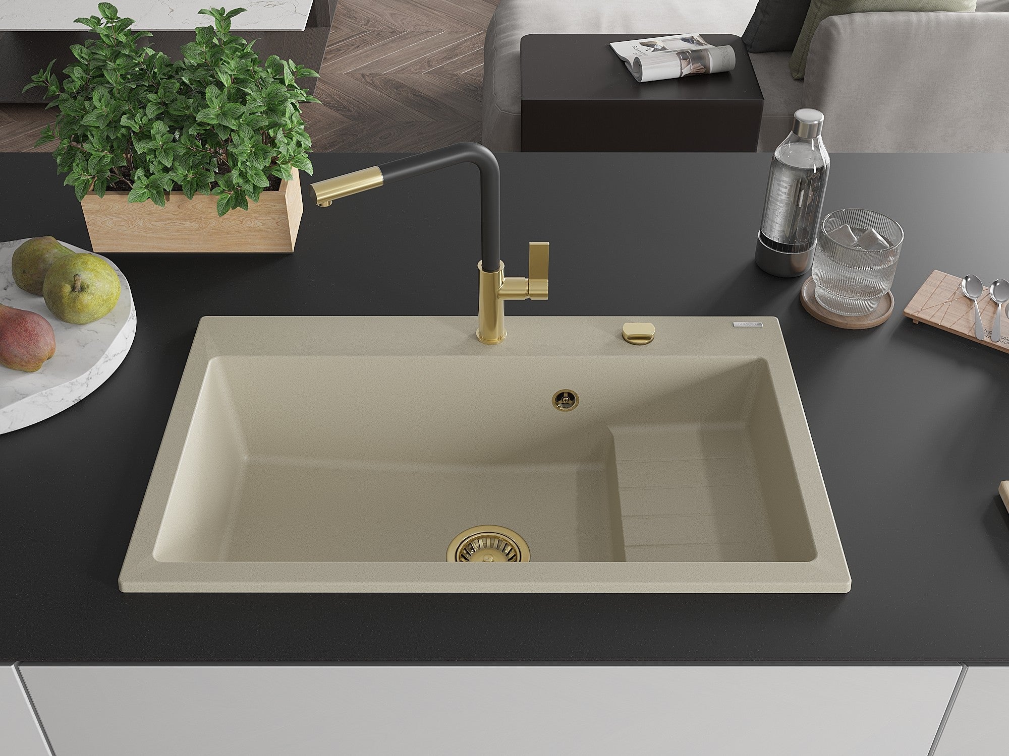 Mexen Omar évier en granit 1 bac 800 x 480 mm, beige, siphon doré - 6520801005-69-G - 3