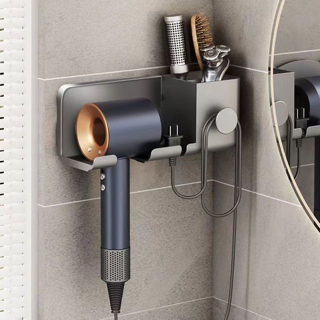 Support mural pour sèche-cheveux avec compartiments de rangement et organiseurs de câbles sans perçage pour sèche-cheveux