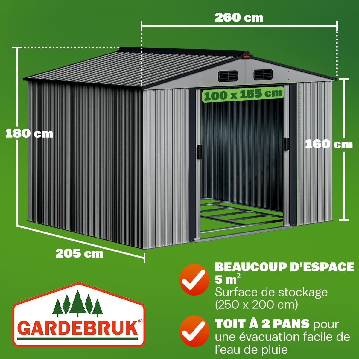 GARDEBRUK® Abri de jardin métal XXL 5m² fondation 260x205x180cm porte coulissante gris-métallique cabane de jardin cabanon de jardin 9m³ - 3