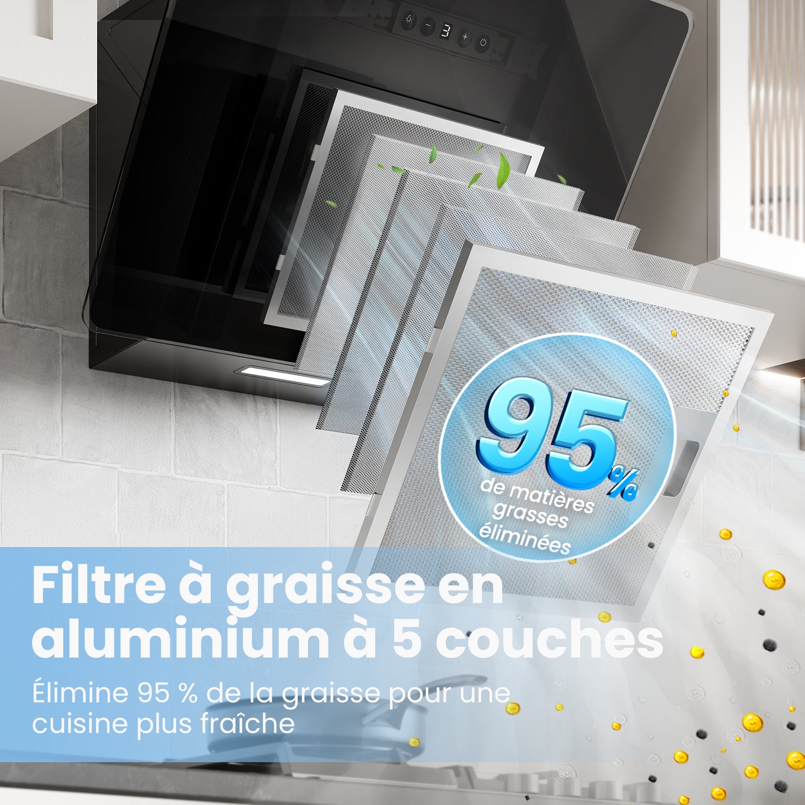 COMFEE Hotte Aspirante Inclinée 60cm - 400m³/h - Commandes Sensitives - 3 vitesses - 2 Filtres à Charbon - Verre Noir - 5