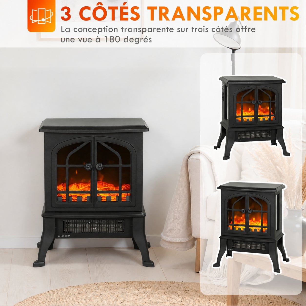 Cheminée électrique sur pied portable 900/1800 W, effet flamme 3D sur 3 ...