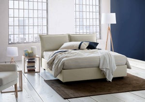 Lit Double LEVERDA 140x190 Cm - Cadre En Bois Et Tissu Blanc - Sommier à Lattes Inclus