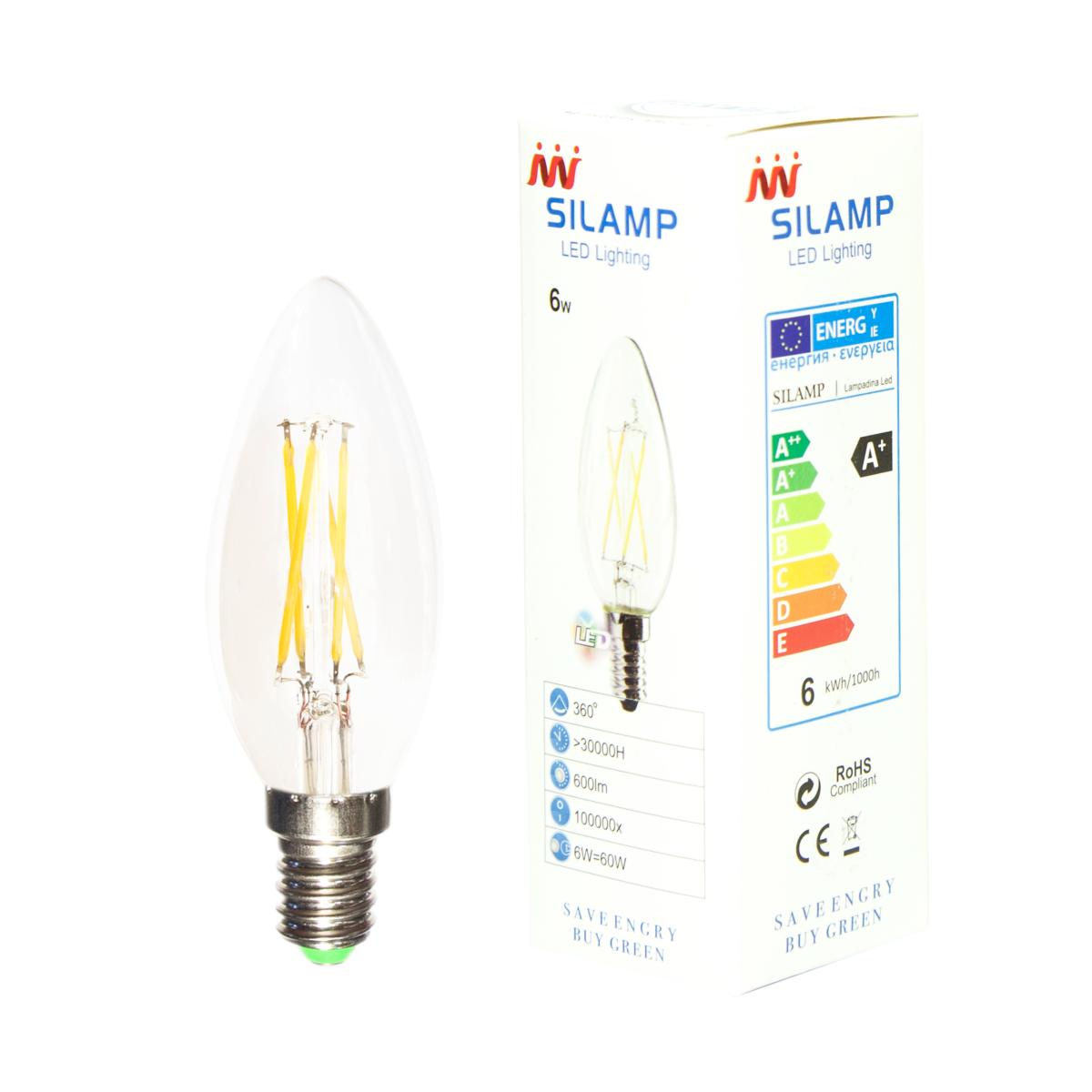 Ampoule LED E14 Filament 6W 220V C35 COB 360° - Blanc Chaud 2300K - 3500K - SILAMP - 3