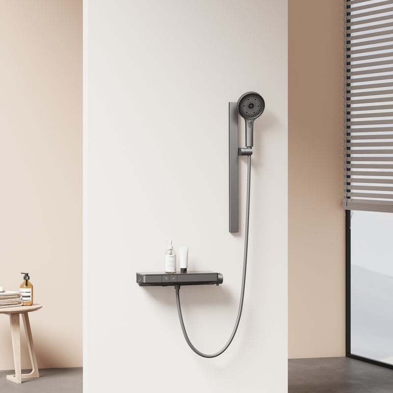 EMKE Kolumna prysznicowa z baterią termostatyczną, główka prysznicowa z 3 rodzajami strumienia, regulowaną wysokością, Antracyt matowy