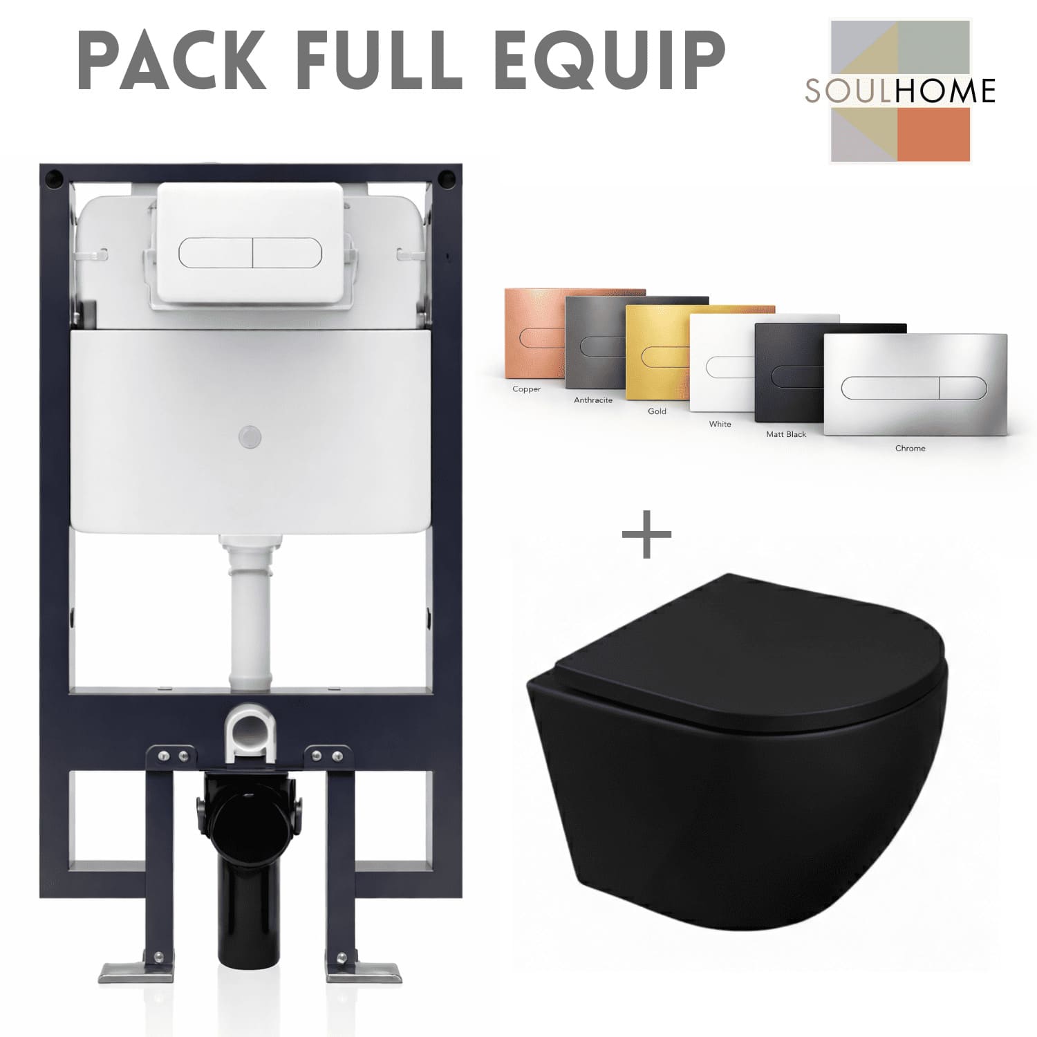 SOULHOME - Pack WC Inodoro Negro Mate Suspendido Completo con Cisterna ...