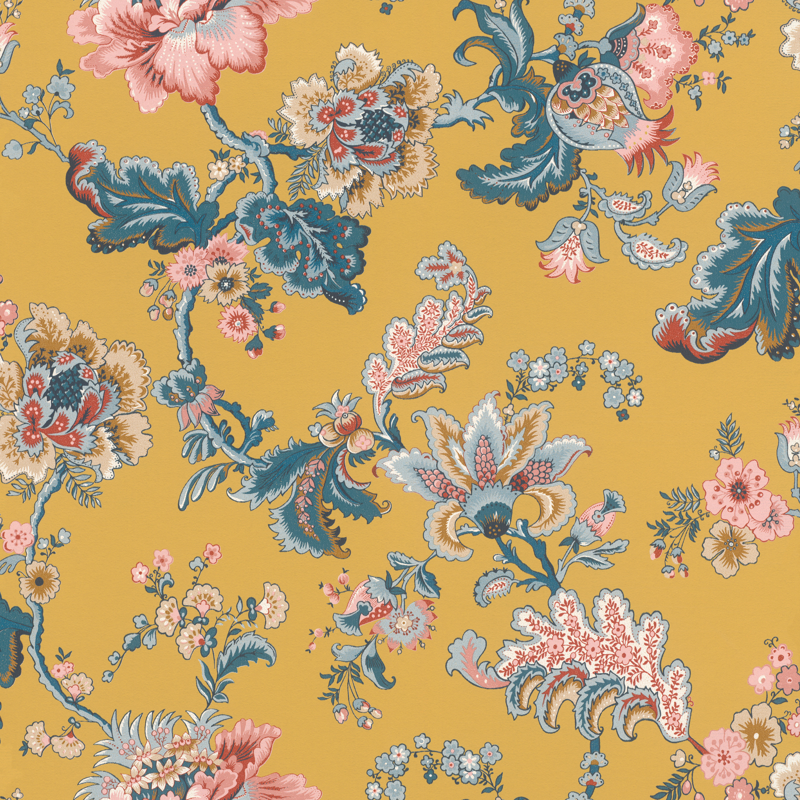 Papel pintado rasch 710557 - papel pintado de tejido-no tejido amarillo con flores de colores en rojo, rosa y azul