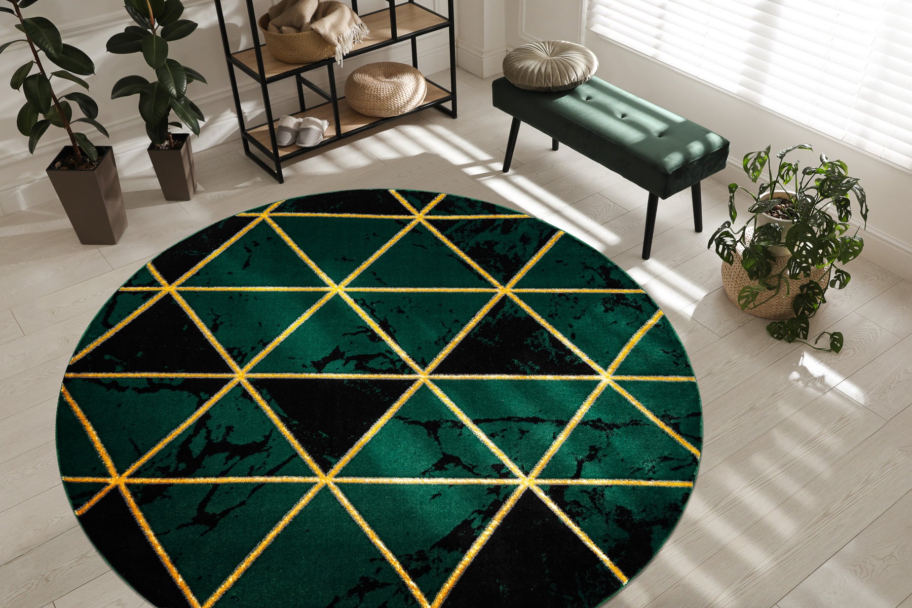 Dywan EMERALD ekskluzywny 1020 koło - glamour, stylowy marmur, trójkąty butelkowa zieleń / złoty koło 160 cm - 5