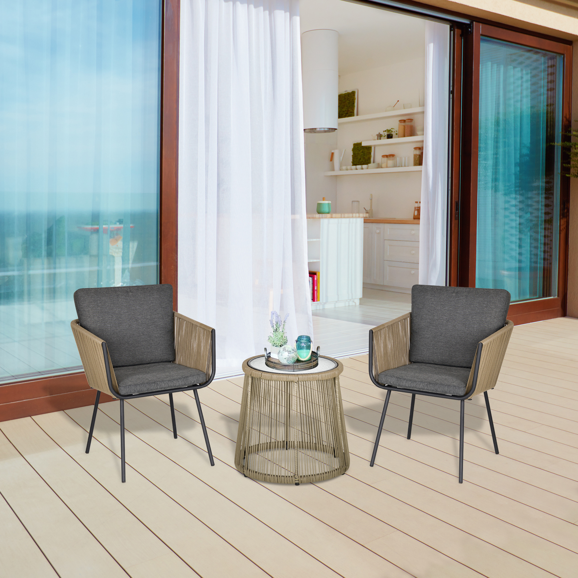 Set Giardino 3 Pezzi Outsunny: Tavolino + 2 Sedie In Rattan Stile Boho Chic, Grigio - Perfetto Per Terrazzo E Balcone - Foto 7