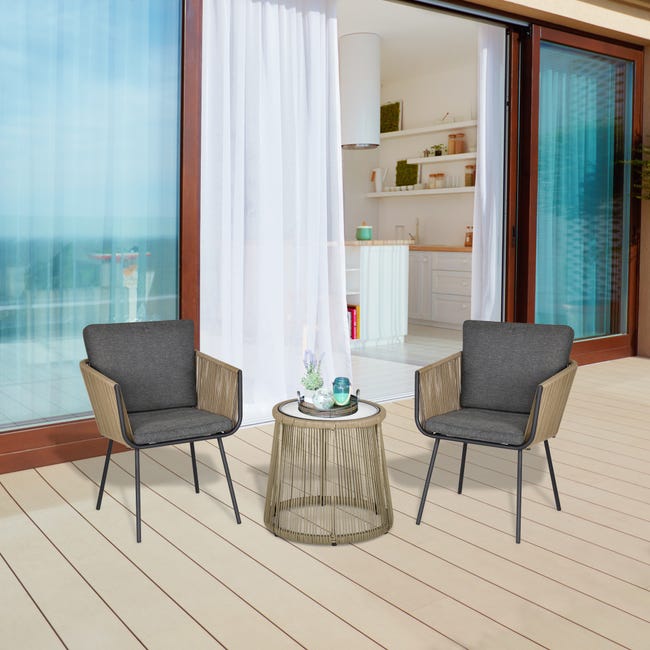 Set Giardino 3 Pezzi Outsunny: Tavolino + 2 Sedie In Rattan Stile Boho Chic, Grigio - Perfetto Per Terrazzo E Balcone - Foto 7