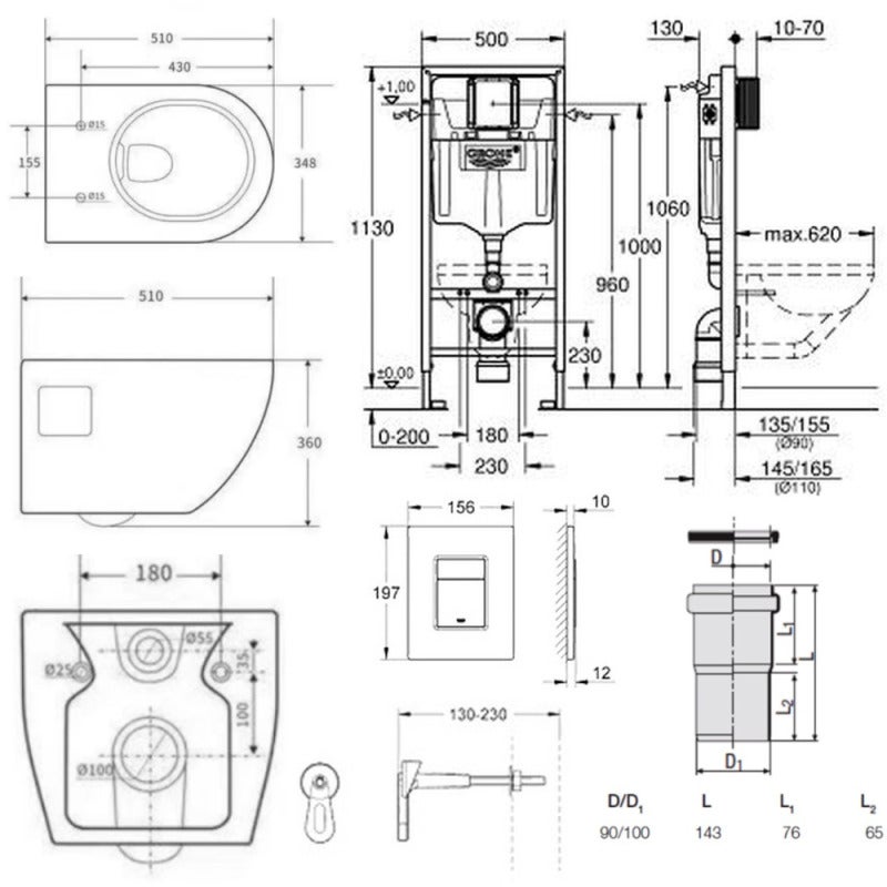 Grohe Pack WC Bâti-support Rapid SL + WC sans bride SAT + Abattant SoftClose + Plaque Chrome (RapidSL-Project-1) - 5